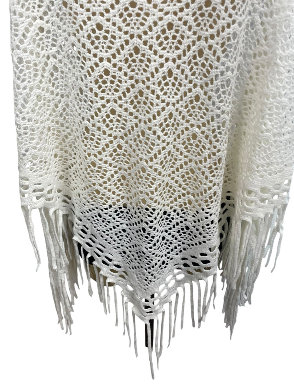 White Open Knit Poncho Crochet Boho Cape Fringe One Size Soft Cottage Whimsy - Picture 12 of 12